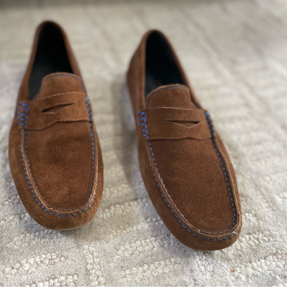 Men’s Driving Loafers To Boot New Derek Brown Suede Blue Stitch Size 9